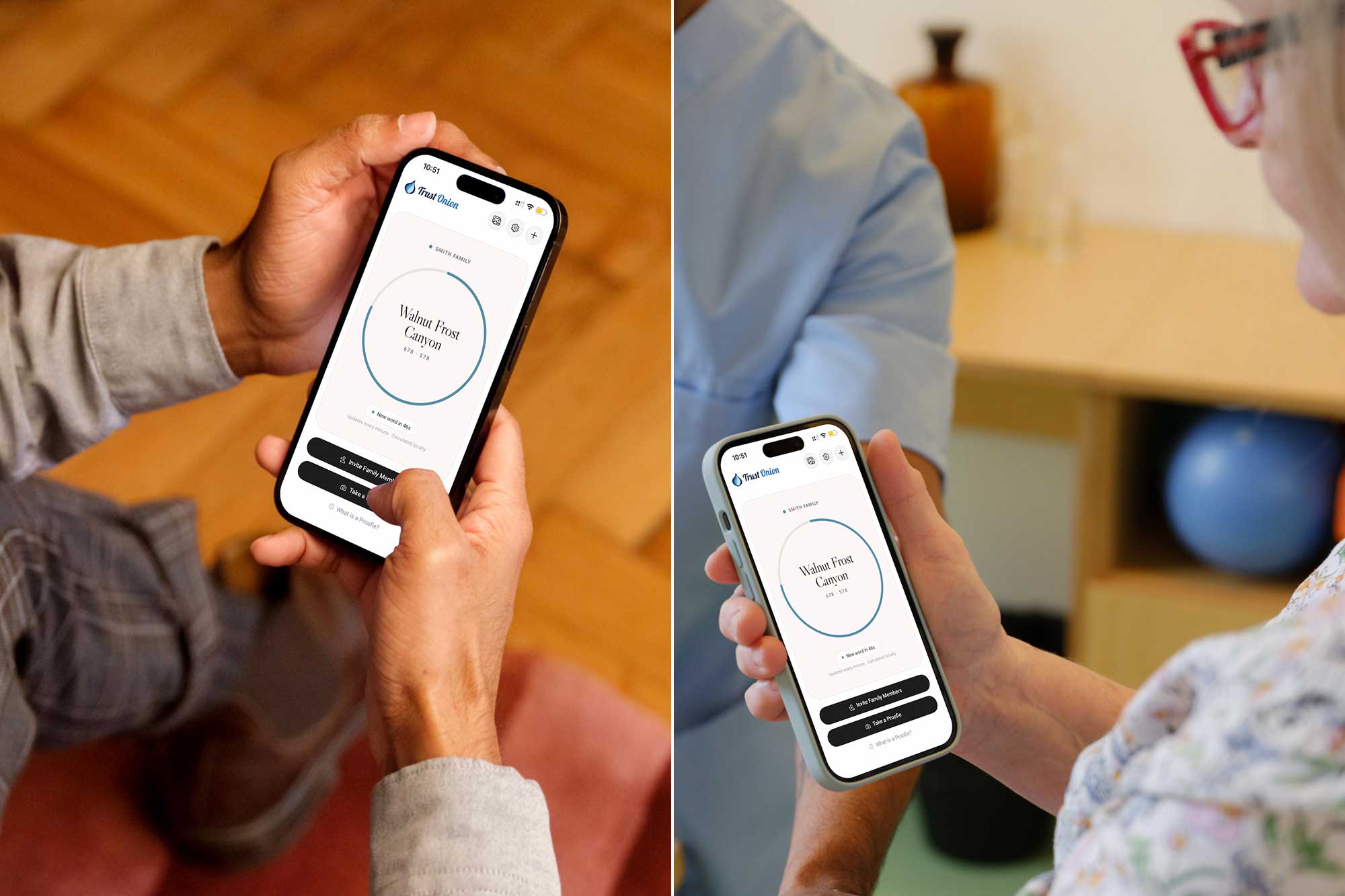 Trust Onion screen showing rotating codewords on a phone