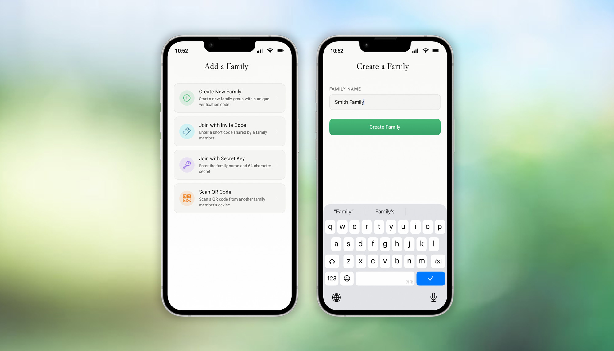 Trust Onion app screens showing how to add and create a family group